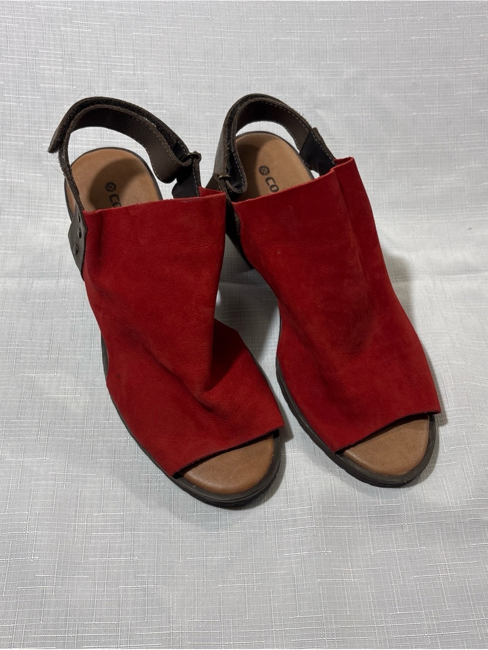 Size 6 Constance Comfort Plus Red & Brown Open Tie Low Heel Adj Strap Sandals